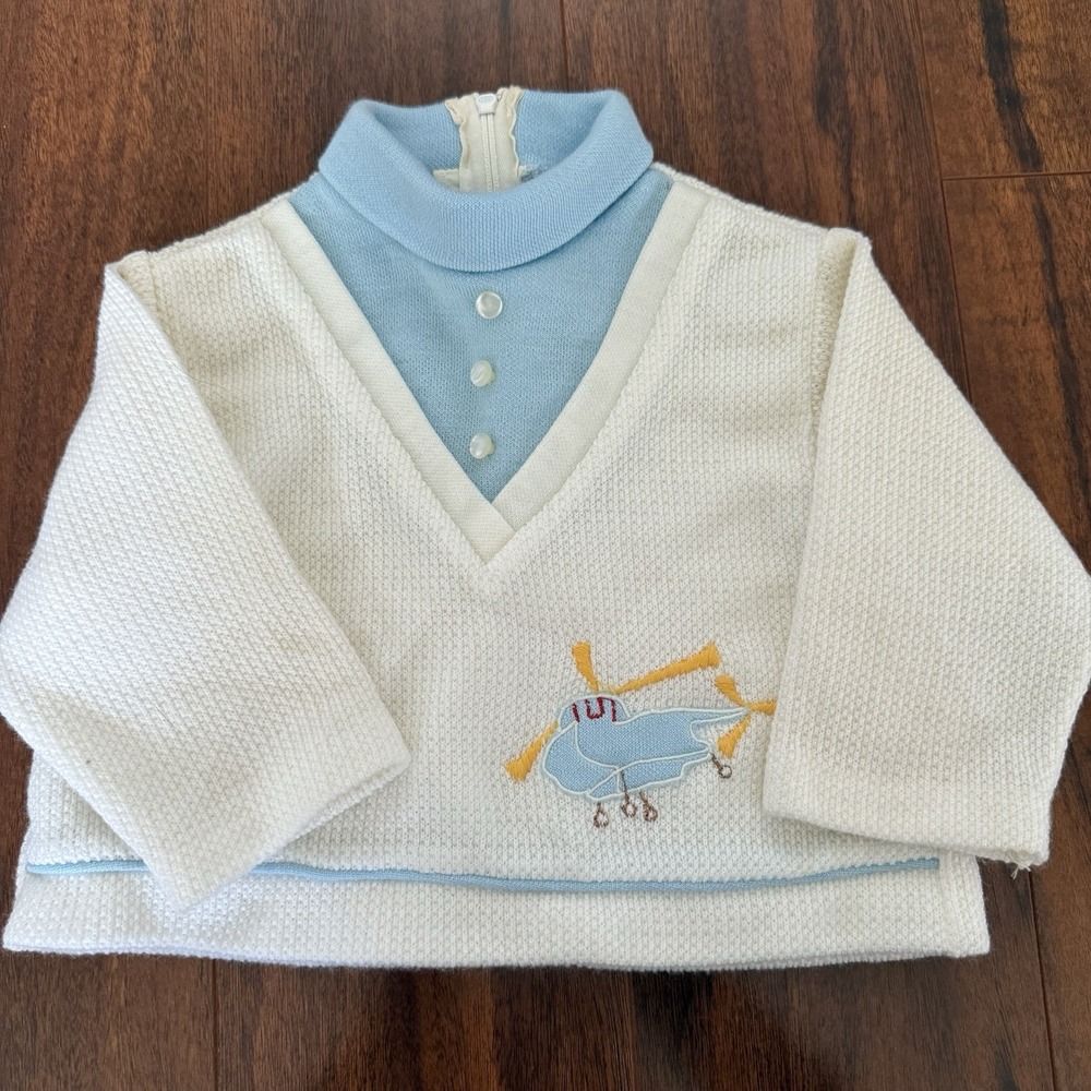 Vintage Tiny Tots Original Baby 6-12 Mo Helicopter Embroidered Knit Pullover 70s